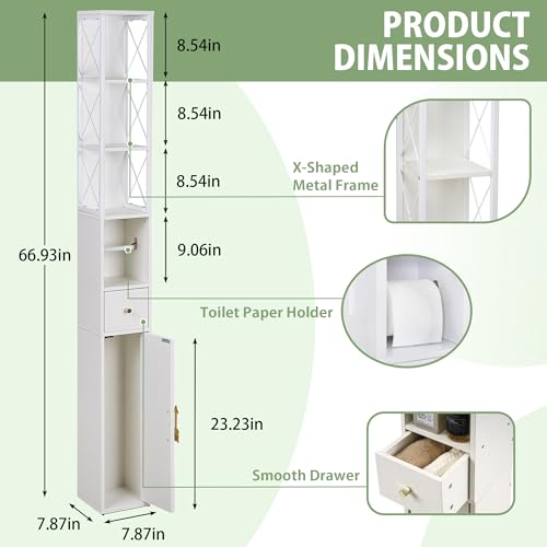 VECELO Narrow Bathroom Storage Cabinet with X-Frame Metal Design, 67" Tall Freestanding Cabinet with Toilet Paper Holder, Slim Tower Cabinet with Magnetic Door & Drawer, for Small Spaces, White - color: Hollow Top
