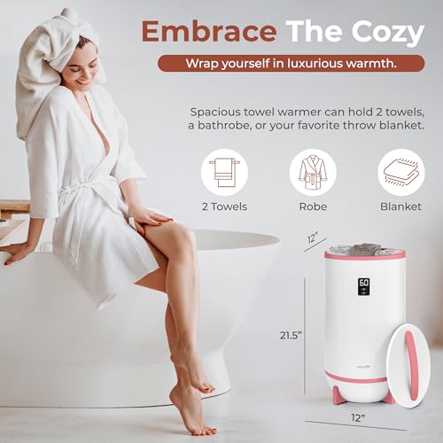 SereneLife Towel and Blanket Warmer - Single Touch Portable Towel Heater for Bathroom, Fragrant Disc Holder, LED Ring, 2 Large Towel Capacity, Built-in Timer (15-60 mins), Auto Shut-Off (Pink) - color: Pink