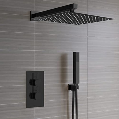 Voolan All Metal Shower Head with Extension Arm, Stainless Steel Waterfall Rainfall Showerheads, High Flow Bathroom Square Rain Shower Head (12’’ Shower Head with 16’’ Shower Arm, Black) - color: Matte Black, size: 12’’ Shower Head with 16’’ Shower Arm