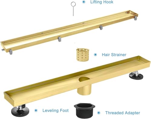 40" Linear Shower Drain Brushed Gold Drain with Tile Insert Grate | AISI 304 Stainless Steel Fast Drainage Rectangle Hidden Shower Trench,Detachable Hair Catcher Easy to install,Leveling Feet - color: Gold, size: 40 Inch (No Base)