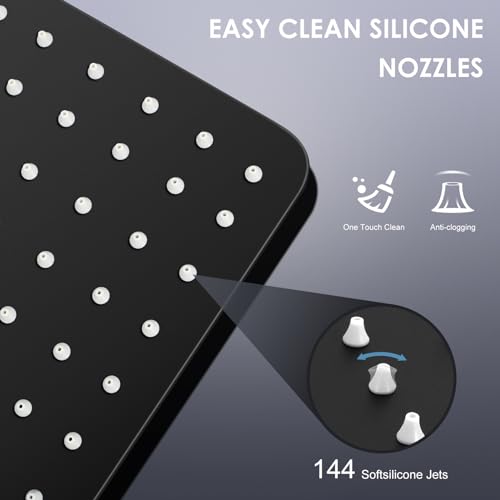 12 inch Matte Black Rain Shower Head - All Metal 304 Stainless Steel, Full Body Rainfall Shower with 144 Silicone Nozzles - Square Showerheads Ceiling or Wall Mount Modern Bathroom - color: B-Matte Black, size: 12 Inch Square