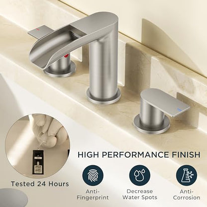 FORIOUS Bathroom Faucet 3 Hole Widespread Sink 8 Inch Brushed Nickel | 3-hole 6-12 Inch Widespread Sink, Waterfall Faucets, with Drain and Hoses,for Vanity Rv Commercial Lavatory Restroom Basin - color: Stainless Steel