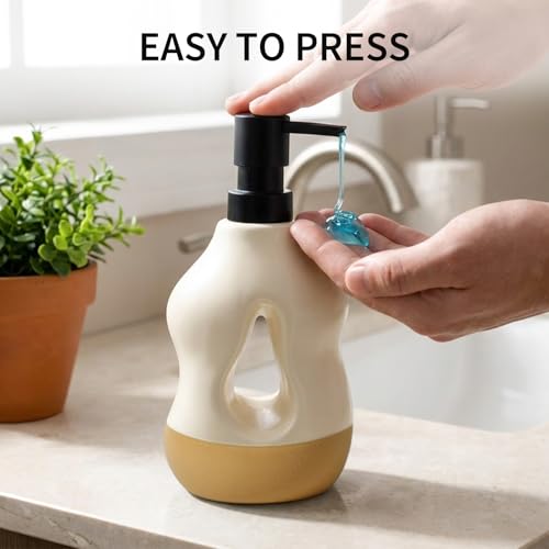 BosilunLife Ceramic Soap Dispenser - Soap Pump Dispenser Bathroom Kitchen Modern Farmhouse Elegant Refillable Soap Dispenser Lotion Hand Pump Dispenser for Kitchen Sink (Beige with Sand Base, 15oz) - color: Beige With Sand Base