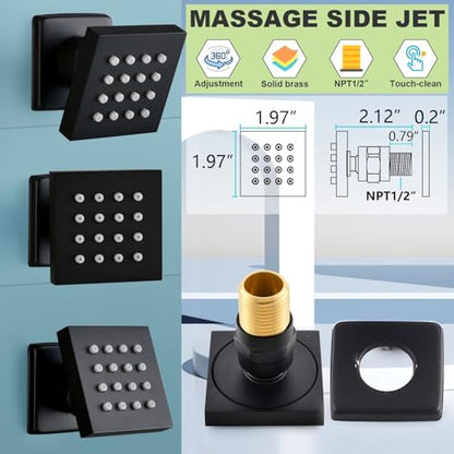 Enga Thermostatic Shower Jets System (Run All Features At Once), 12 Inch LED Rain Shower Wall Mounted with 6 Body Spray Jets and Handheld Shower, Contain Brass Thermostatic Shower Valve, Matte Black - color: Black, style: Wall Mount-6 Jets