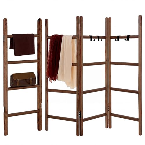 CroBlissful 3 Panel Blanket Ladder, 56.7" H Rustic Wood Quilt Display Rack, Foldable Free Standing Towel Ladder with 9 Hooks, Decorative Blanket Holder for Living Room Bedroom Bathroom Farmhouse Decor