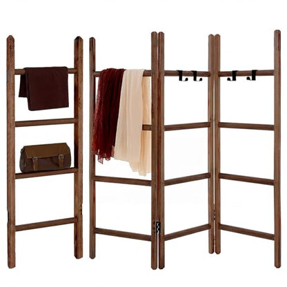 CroBlissful 3 Panel Blanket Ladder, 56.7" H Rustic Wood Quilt Display Rack, Foldable Free Standing Towel Ladder with 9 Hooks, Decorative Blanket Holder for Living Room Bedroom Bathroom Farmhouse Decor