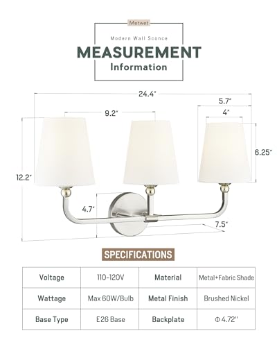 Bathroom Light Fixtures, Brushed Nickel Vanity Lights with Flared White Fabric Shade, 3 Light Wall Sconce, Modern Sconces Wall Lighting for Hallway Bedroom, VL837-BN-3 | 24.5" bathroom light fixtures over mirror, upward only, E26 base, bulbs not included,