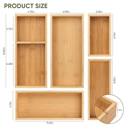 Vincona Bamboo Drawer Organizers Set, 5-Piece Multi-Use Wood Storage Organizers, Desk Drawer Tray for Kitchen, Bathroom, Office, Dresser, Bamboo Box Bin for Jewelry, Makeup, Junk, Gadgets - size: 6 Grids
