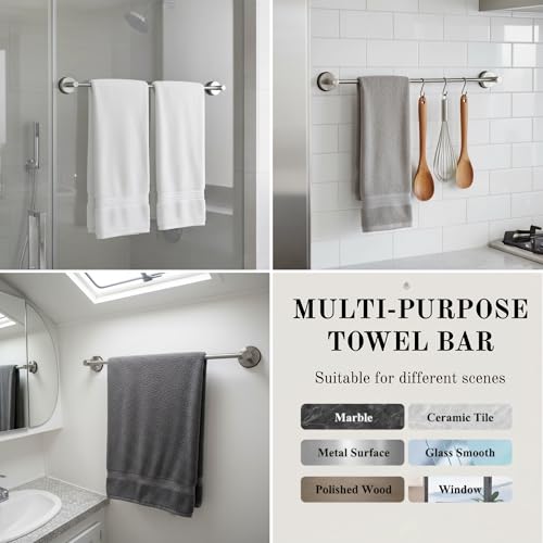 Suction Cup Towel Bar 17-28 Inch Adjustable Retractable Stainless Steel Towel Rack for Bathroom, RV & Renters - No Drill Heavy Duty Wall Mounted Holder, Removable for Glass & Tile (1, Silver) - color: Silver