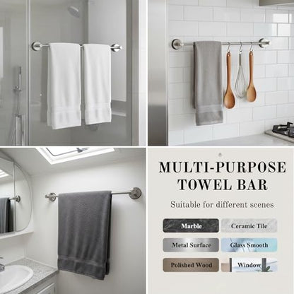 Suction Cup Towel Bar 17-28 Inch Adjustable Retractable Stainless Steel Towel Rack for Bathroom, RV & Renters - No Drill Heavy Duty Wall Mounted Holder, Removable for Glass & Tile (1, Silver) - color: Silver