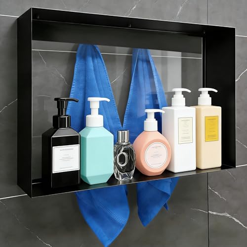 Matte Black Hanging Glass Shower Shelf with Hooks, 20"x16" Rustproof 304 Stainless Steel Bathroom Caddy, No-Drill Modern Organizer for Shower Panels