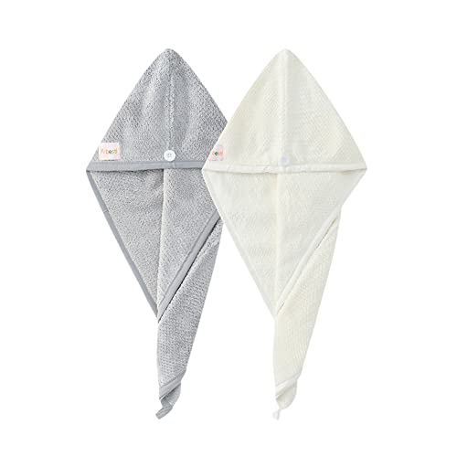 M-bestl 2 Pack Hair Towel Wrap,Absobent Hair Drying Towel with Buttons, Microfiber Hair Towel Wrap to Dry Hair Quickly (Beige&Gray) - color: Beige&gray