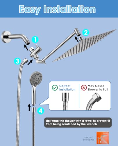 Rain Shower Head with Handheld, 10" Dual Shower Combo, Chrome | 304 stainless steel rainfall head, adjustable extension arm, 5 spray modes, anti-clog nozzles, easy bathroom upgrade