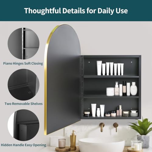 Movo Arched Gold Medicine Cabinet with Mirror 20 x31 Inch | Metal Framed Bathroom Mirror Medicine Cabinet Wall Mounted,Recessed Medicine Cabinets for Bathroom with 2 Removable Shelves - size: 20"W x 31"H x 5"D-Gold