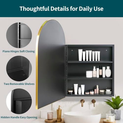 Movo Arched Gold Medicine Cabinet with Mirror 20 x31 Inch | Metal Framed Bathroom Mirror Medicine Cabinet Wall Mounted,Recessed Medicine Cabinets for Bathroom with 2 Removable Shelves - size: 20"W x 31"H x 5"D-Gold