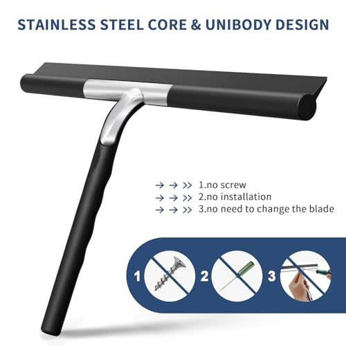 ecooe Shower Squeegee for Glass Doors,11" Shower Glass Cleaner | Silicone Streak-Free Wiper with Hanger and Stainless Steel Core for Bathroom, Kitchen & Car Windows, Black - size: 02-Silicone 11″/28cm