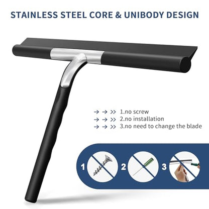 ecooe Shower Squeegee for Glass Doors,11" Shower Glass Cleaner | Silicone Streak-Free Wiper with Hanger and Stainless Steel Core for Bathroom, Kitchen & Car Windows, Black - size: 02-Silicone 11″/28cm