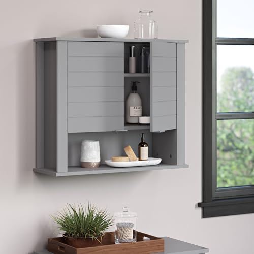 RiverRidge Madison Two-Door Over The Toilet Storage Cabinet Gray Wall Mounted Medicine Cabinet with Adjustable Shelves, Modern Flat Handles & Horizontal Grooved Aesthetic
