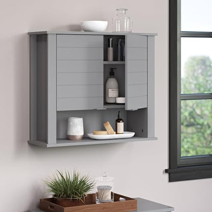RiverRidge Madison Two-Door Over The Toilet Storage Cabinet Gray Wall Mounted Medicine Cabinet with Adjustable Shelves, Modern Flat Handles & Horizontal Grooved Aesthetic