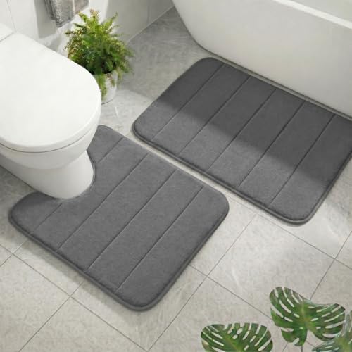2 Piece Memory Foam Bath Mat Set, Extra Soft Absorbent Bathroom Rugs with U-Shaped Toilet Rug, Non-Slip Backing, Machine Washable, 24x16 + 20x20 U-Shaped, Dark Gray - color: Dark Gray