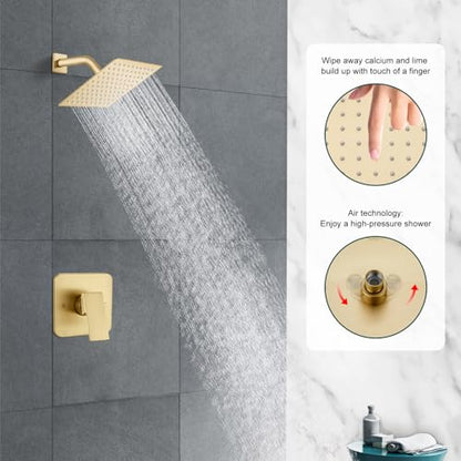 Heyalan 8 Inch Square Rain Shower Faucet Set with Valve, Brushed Gold | Female-thread 1/2-inch NPT connections, SUS304 shower head, brass rough-in valve, single-handle control Shower Set - color: Gold, size: 8 Inch Square Shower Head