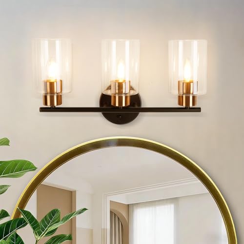 3-Light Black and Gold Bathroom Vanity Light Fixtures Over Mirror | Bathroom Wall Sconce, Clear Glass Shade, For Bathroom Bedroom Dressing Table Hallway, E26 Base - color: 3 Light Gold + Black