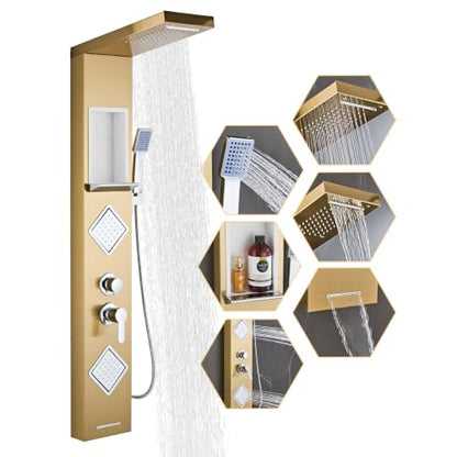 Shower Panel Tower System with Storage- Brushed Gold | 304 Stainless Steel 5-Function Shower Panel Faucet Set with Powerful Body Jets, Rainfall, Waterfall,Handheld and Tub Spout - color: Brushed Gold
