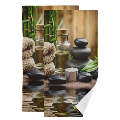 Black Massage Stones Zen Hand Towels for Bathroom Set of 2 Soft Absorbent Relax Candle Green Plant Kitchen Towels,Spa Themed Decorative Bathroom Towels for Guest Bath Face Hair Gym 14"x28" - color: Spa