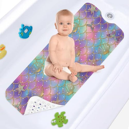 Mermaid Seashell Starfish Bathtub Shower Mat Ocean Rainbow Non-Slip Tub Extra Long Bath Floor 40X16 Inch Machine Washable for Bathroom Tub Bath Mat for Toddler and Baby - color: Mermaid Scales