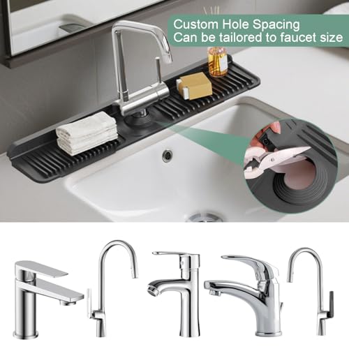 24 Inch Faucet Mat for Kitchen Sink Silicone Folding Faucet Mat for Bathroom Sink Splash Guard 7° Slope Water Draining Tray with Button Lock for Kitchen Bathroom Bar ect(Black) - color: Black