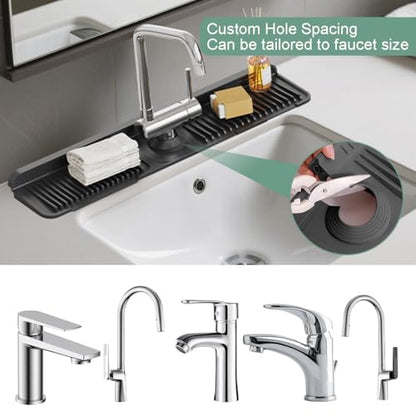 24 Inch Faucet Mat for Kitchen Sink Silicone Folding Faucet Mat for Bathroom Sink Splash Guard 7° Slope Water Draining Tray with Button Lock for Kitchen Bathroom Bar ect(Black) - color: Black