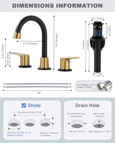 Bathroom Sink Faucet 3 Hole, 8 Inch Widespread Vanity Sink Faucets | Metal Zinc Alloy Gold&Black Bathroom Sink Faucet with Swivel Spout, Two Handles Lead-Free Tap with Drain and cUPC Supply Line - color: Black & Gold