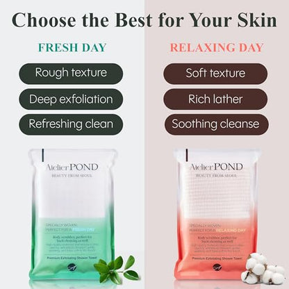 Korean Exfoliating Washcloth 2-Pack – Exfoliating Shower Towel/Body Scrub Cloths for Deep Cleansing & Dead Skin Removal (Fresh Green – Value Set) - color: Green2