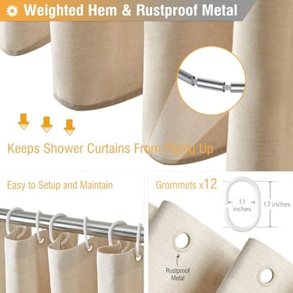 72x80 Linen Textured Waterproof Fabric Shower Curtain Set, Beige/Cream | Long Size, 230GSM Polyester, Heavy Duty Cloth, Weighted Hem, 12 Plastic Hooks, Modern Luxury Hotel Style, Machine Washable - color: A - Cream, size: 72"W x 80"L (Pack of 1)