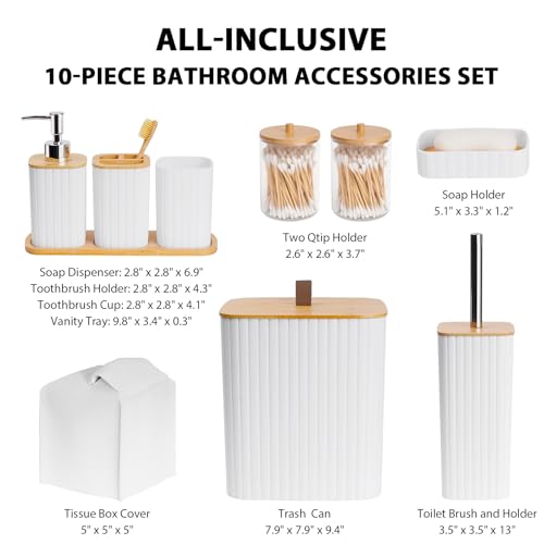 Bathroom Accessory Set, 10 Piece White Bathroom Set Complete | Includes Trash Can, Soap Dispenser, Toothbrush Holder, Soap Holder, Tumbler, Toilet Brush, Tray, Qtip Holders, Tissue Cover - color: White