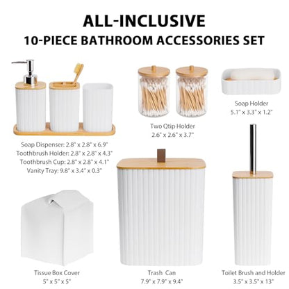 Bathroom Accessory Set, 10 Piece White Bathroom Set Complete | Includes Trash Can, Soap Dispenser, Toothbrush Holder, Soap Holder, Tumbler, Toilet Brush, Tray, Qtip Holders, Tissue Cover - color: White