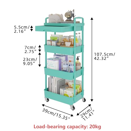 Calmootey 4-Tier Rolling Utility Cart with Drawer,Multifunctional Storage Organizer with Plastic Shelf & Metal Wheel,Storage Cart for Kitchen,Bathroom,Living Room,Office,Green | Space-Saving Organizer, Sturdy Plastic Shelves, Smooth-Rolling Metal Wheels,