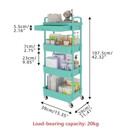 Calmootey 4-Tier Rolling Utility Cart with Drawer,Multifunctional Storage Organizer with Plastic Shelf & Metal Wheel,Storage Cart for Kitchen,Bathroom,Living Room,Office,Green | Space-Saving Organizer, Sturdy Plastic Shelves, Smooth-Rolling Metal Wheels,