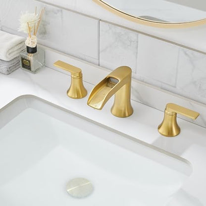 Brushed Gold Bathroom Faucet Waterfall, 2 Handle Brass Bathroom Sink Faucet Widespread, Modern 6-16 Inch Bathroom Faucets 3 Hole, Bathroom Vanity Faucets for Hotel, NOT Included Pop-up Drain - color: Brushed Gold, style: NO Pop Up Drain