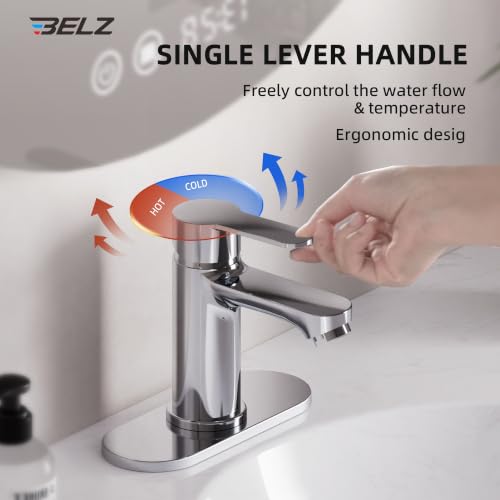 BELZ Chrome Bathroom Faucet, Lead-Free for 1 or 3 Hole 4" Vanity Sink | NSF372 Compliant,Anti-peeling PVD Finish,Includes Pop-up Drain & Hoses,Single Handle Modern Design, Easy DIY Install - color: Polished Chrome