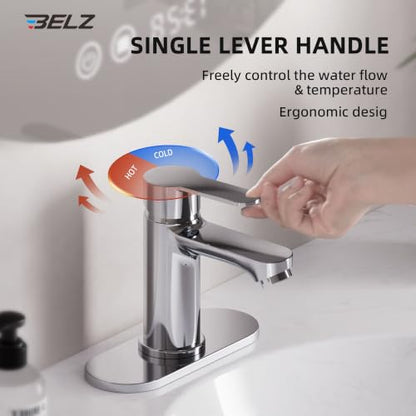 BELZ Chrome Bathroom Faucet, Lead-Free for 1 or 3 Hole 4" Vanity Sink | NSF372 Compliant,Anti-peeling PVD Finish,Includes Pop-up Drain & Hoses,Single Handle Modern Design, Easy DIY Install - color: Polished Chrome