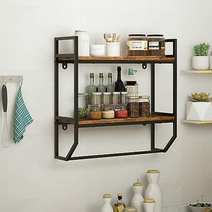 Giantex Wall Mounted Bathroom Shelves with Towel Bar, Industrial 2-Tier Over the Toilet Storage Organizer with Metal Frame, Wooden Wall Shelves, Floating Shelves for Bathroom, Kitchen, Living Room - color: Rustic Brown