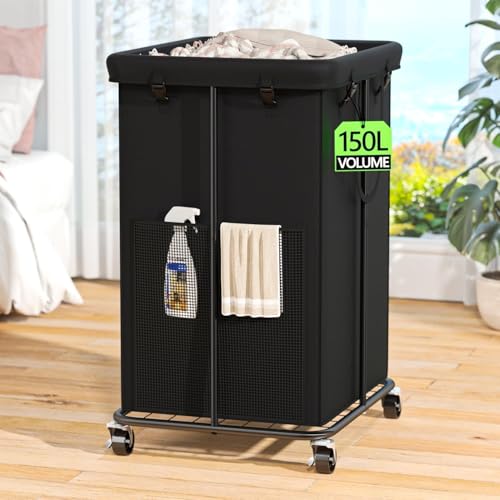 Laundry Hamper with Wheels, 150L Rolling Laundry Basket with Bag & Handles | Sturdy Metal Frame | Removable Bag | Large & Tall Dirty Clothes Hampers for Laundry Room, Bedroom, Dorm, Bathroom-Black - color: Black, size: 40GAL