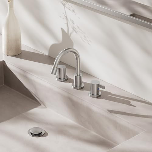 Pull Down Sprayer Brushed Nickel Widespread Bathroom Sink Faucet, 8 Inch 2 Handles 3 Hole Pull Out Bathroom Faucet,with Pop Up Drain and Water Supply Line,BF04022-K01-GBN - color: Brushed Nickel