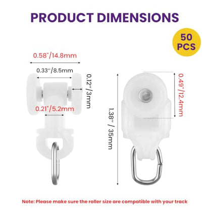 50 Pcs Curtain Glider Track Rail Runners, Heavy Duty Mute Wheel Curtain Glider Hooks with Dual Rollers for Universal Ceiling Drapes Room Dividers Shower Curtains Window Treatments