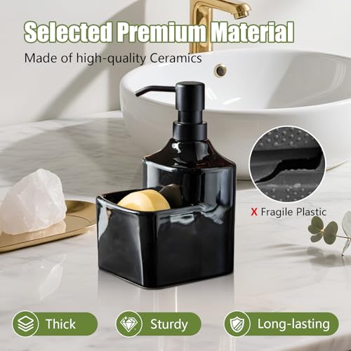 Gets Soap Dispenser Black Ceramic Pump Bottle with Storage Holder | Countertop Liquid Hand Wash Bottle with Organizer Tray for Bathroom, Kitchen, Refillable Modern Dispenser for Vanity Sink - size: Black With Sponge Holder