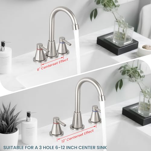 8 Inch Bathroom Faucet 3 Hole Nickel 2 Handle Bathroom Sink Faucet | Stainless Steel, 360° Swivel Spout, Widespread 2 Handle, Includes Pop-Up Drain,Water Supply Lines,Brushed Nickel - color: Brushed Nickel