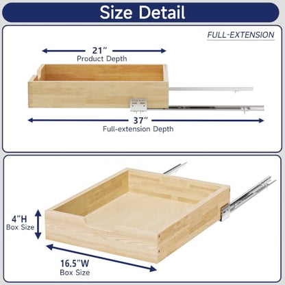 Pull Out Cabinet Organizer, 16.5 in W x 21 in D Solid Wood Slide Out Drawer, Soft Close Sliding Shelf, Bottom or Side Mount for Kitchen Pantry Bathroom, Fits 17.5 in Cabinet Opening - size: 16½” W × 4"H x 21” D