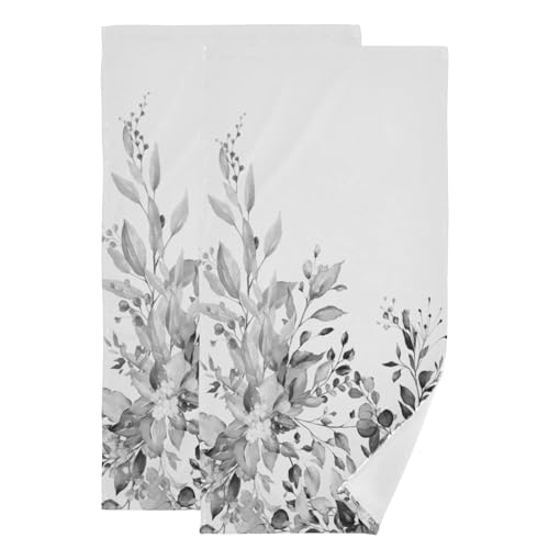 2 Pack Grey White Eucalyptus Hand Towels for Bathroom,Soft Absorbent Decorative Watercolor Black Leave Botanical Guest Bathroom Towels,Quick Dry Spring Plant Floral Kitchen Towels 14"x28" - color: Grey White
