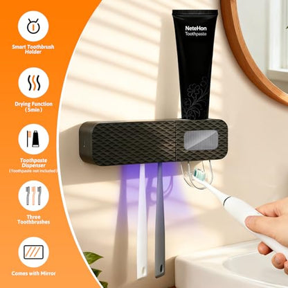 Smart Wall-Mounted Toothbrush Holder for Bathroom Black Toothbrush Storage Organizer with 3 Slots Toothbrush Holders with Toothpaste Dispenser for Drying Function